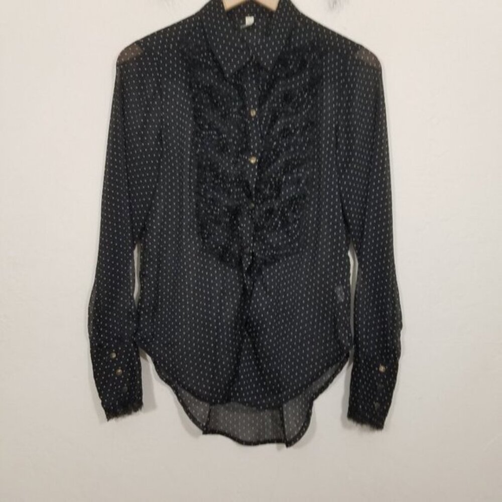 Free People Sheer Polka Dots Long Sleeve Button Up Shirt Top Blouse Black Size S